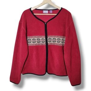 Premiere International Fleece Sweater Jacket Red Nordic Snowflake Full Zip Large